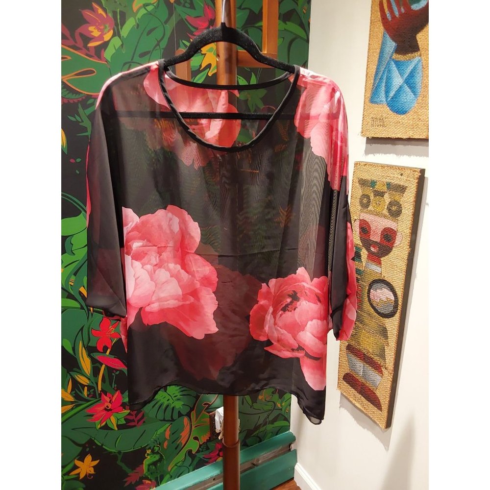 No Brand Women's Chiffon Black Large Pink Floral Print Short Sleeve Tunic. Plus